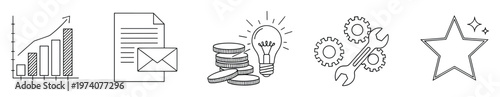 Collection of business related outline icons representing financial growth, communication, innovative ideas, technical support, and premium quality for corporate and entrepreneurial visuals.