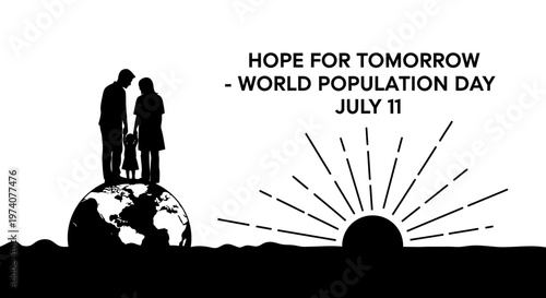 Silhouette of a family standing on the globe celebrating World Population Day.