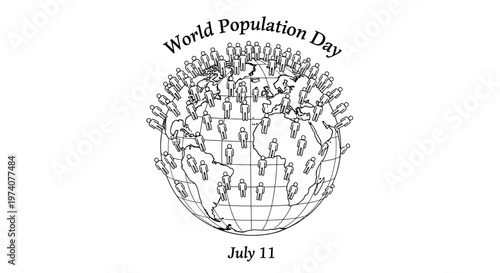 World Population Day illustration with globe and people icons.