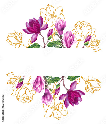 Watercolor bouquet magnolia and gold decorative wreath frame isolated on white. Luxury flower for cards, invitations, crapbooking, and playful seasonal designs.