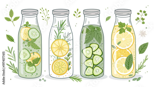 Infused water and detox drinks set with herbs cucumbers and lemons in glass bottles on white background