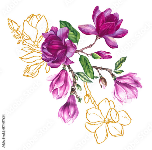 Watercolor bouquet magnolia and gold decorative illustration isolated on white. Luxury flower for cards, invitations, crapbooking, and playful seasonal designs.
