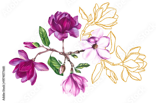 Watercolor bouquet magnolia and gold decorative illustration isolated on white. Luxury flower for cards, invitations, crapbooking, and playful seasonal designs.