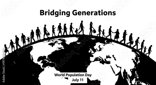 World Population Day concept with people silhouettes walking on the globe.