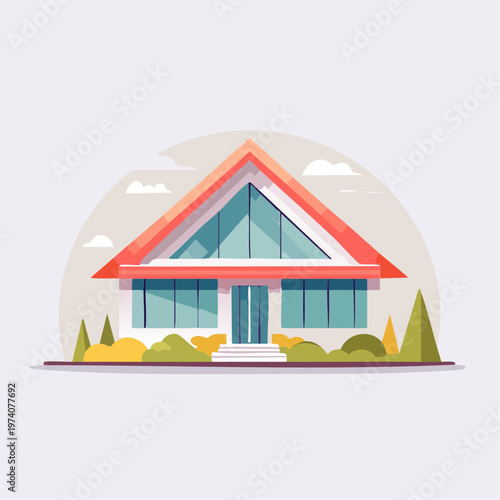 Modern House Illustration with Large Triangular Windows and Lush Greenery