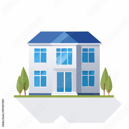 Modern Two Story Residential House with Blue Roof and Trees