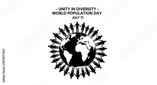 World Population Day Graphic with People Holding Hands Around a Globe.