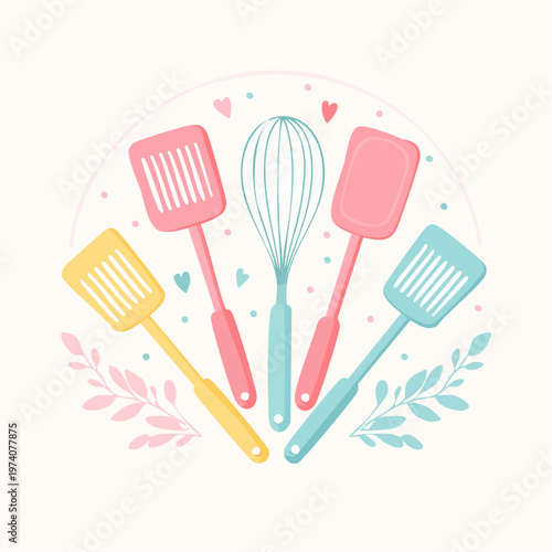 Charming pastel kitchen utensils set for baking and cooking activities, featuring spatulas and a whisk with decorative elements