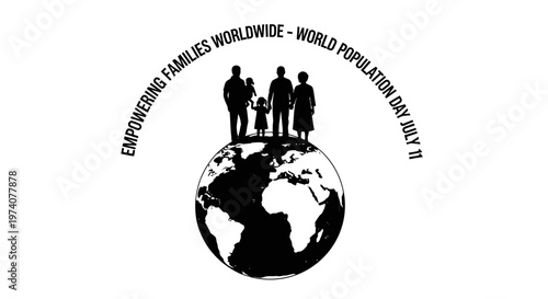 World Population Day illustration featuring a family standing on the globe.