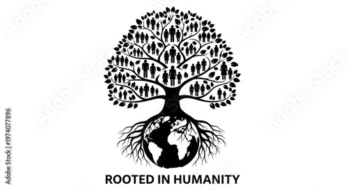 Black and white illustration of a tree made of human figures growing from planet Earth.