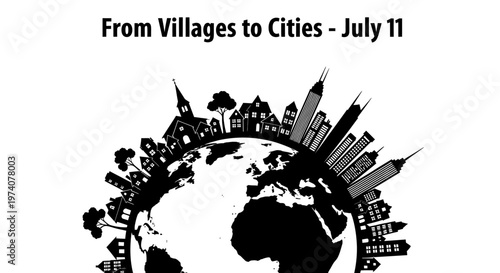 Black and white illustration of world urbanization from villages to modern city skylines.