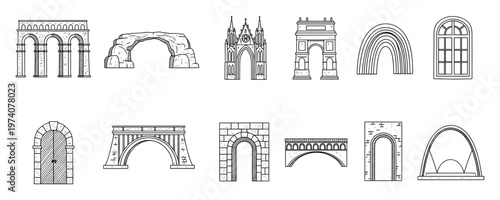 Diverse collection of architectural arches and classic bridge structures hand drawn in a line art style ideal for history education civil engineering and construction themed graphics