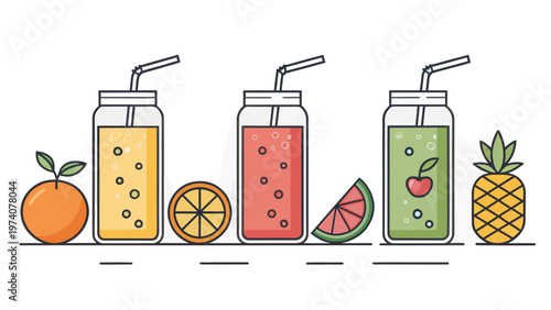 Colorful juice bottles with straws and fresh fruits on a white background for healthy drink concepts