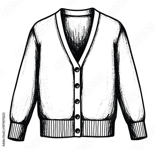 Hand drawn sketch of a classic button up V neck cardigan sweater apparel for vintage clothing designs and cozy textile projects