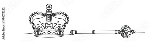 Elegant single continuous line drawing of a royal crown and ornate ceremonial key symbolizing sovereignty authority and leadership perfect for historical governmental or symbolic projects