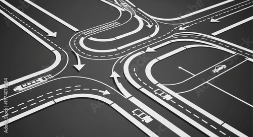 Complex Highway Interchange with Multiple Lanes and Arrows.