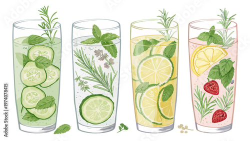 Infused water and detox drinks set with herbs and fruits cucumber lemon mint rosemary strawberry healthy beverages