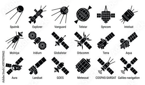 Collection of iconic satellite silhouettes showcasing different generations of spacecraft technology, perfect for educational content and scientific publications.