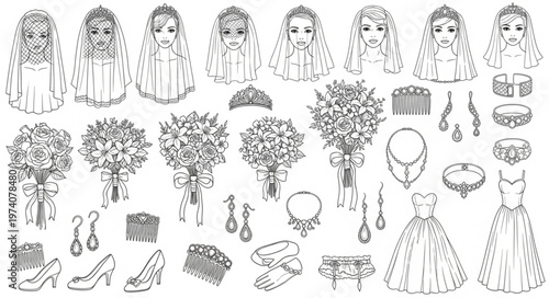Collection of Wedding Elements and Bridal Accessories Hand Drawn Sketch.