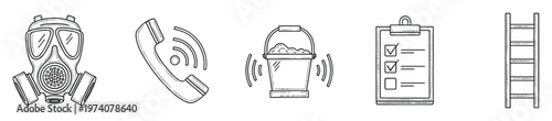 Essential safety and task management tools featuring icons of a gas mask, ringing phone, bucket, checklist clipboard, and ladder for various industrial, home, and emergency applications