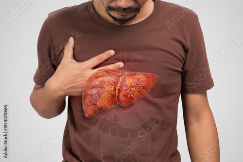 Male holding abdomen with highlighted liver illustrating cirrhosis hepatitis inflammation and related complications in healthcare concept