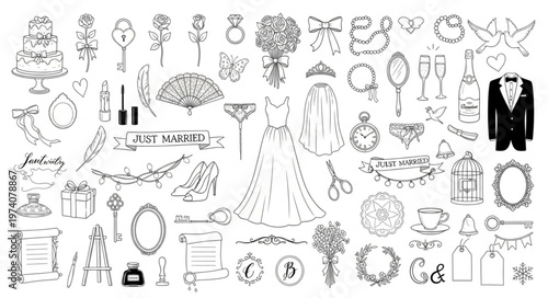 Collection of Wedding Elements and Ornaments.