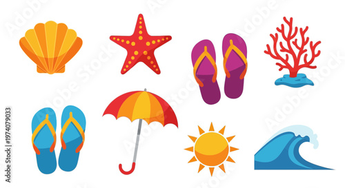 Colorful Summer Vacation Vector Icon Collection - Seashell, Starfish, Flip Flops, Beach Umbrella, and Sun.