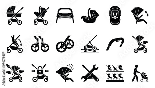 Collection of baby stroller and car seat icons illustrating features, safety, and use for product manuals, websites, and instructional materials
