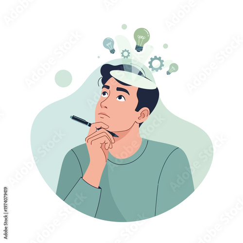 Man thinking with pen and ideas.