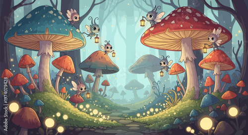 Whimsical forest scene with giant mushrooms fireflies and fairies in a magical moonlit atmosphere fantasy illustration