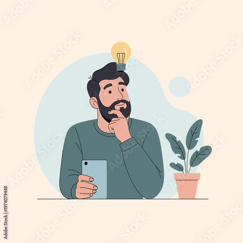 Man with smartphone and light bulb.