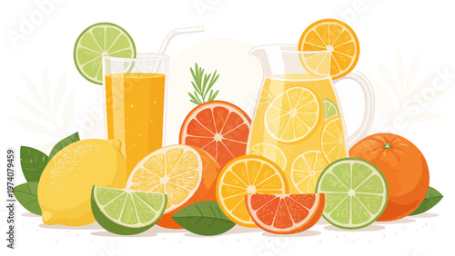 Refreshing citrus drinks set with lemons oranges and limes perfect for summer beverages and healthy hydration