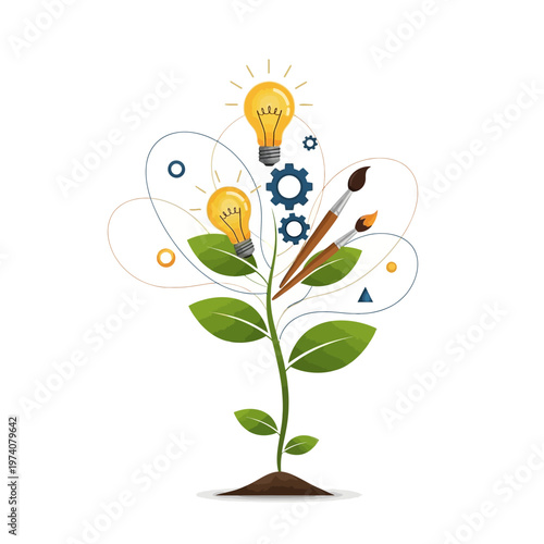 Plant with lightbulb and paintbrush.