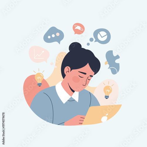 Woman thinking with digital tablet.