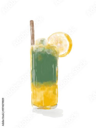 Hand-Painted Watercolor Illustration of an Iced Matcha Lemonade