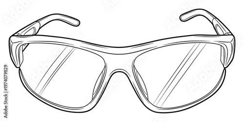 Protective eyewear outline drawing for industrial safety equipment guides, personal protective gear catalogs, and workplace health education materials.