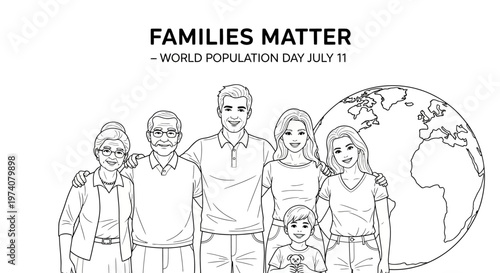 Line art illustration of a multi-generational family standing together.
