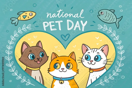 An illustration of three cats and two fish celebrating National Pet Day with a heart and leaf design