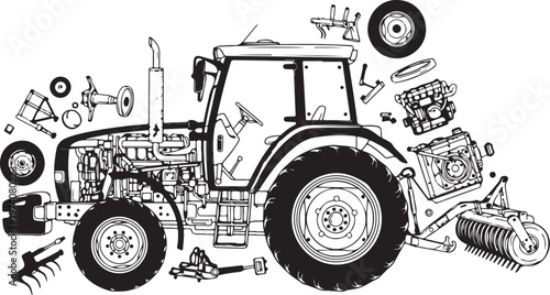 Tractor with disassembled parts and tools illustration design
