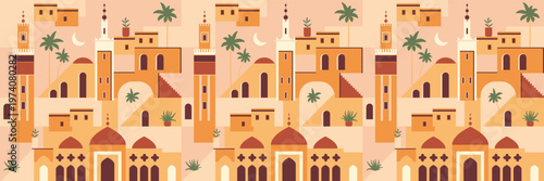 Moroccan house city landscape seamless pattern. Arabic Medina architecture arch windows, doors and gates. Old Arabian desert town market and mosque. Islamic flat vector illustration. Berber Africa bg