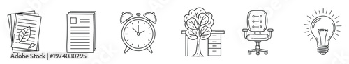 Essential doodle line icons representing office efficiency and sustainable work environment with elements like paper, alarm, desk, and ideas, perfect for business and educational resources