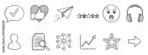 Hand drawn social media and business icon set for communication engagement feedback analytics and user interface design applications
