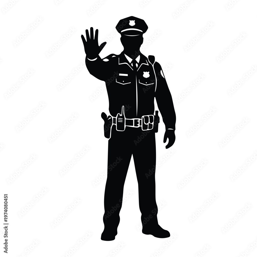 Obraz premium Police Officer Holding Hand Up Stop Signal Icon Silhouette Vector black design on a white background