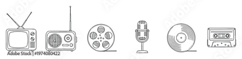 Vintage media and sound devices including television, radio, film reel, microphone, vinyl record, and cassette tape, great for documenting communication history, broadcasting, and