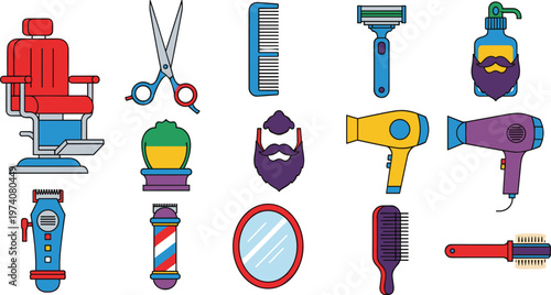 Barbershop Tools Vector Set with Scissors Comb Razor Hair Dryer Chair Isolated on White Background