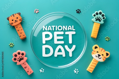 A colorful illustration celebrating National Pet Day with cartoon animal paws and flowers