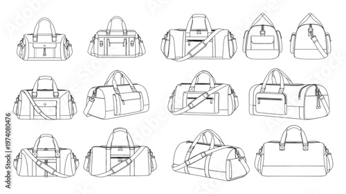 Vector outline drawings of various duffel bags and gym bags from different perspectives, ideal for sportswear branding, product design, and textile industry presentations.