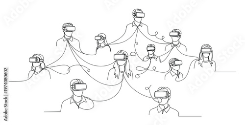 Continuous line drawing depicts multiple individuals wearing virtual reality headsets interconnected by a network for metaverse and future technology applications.