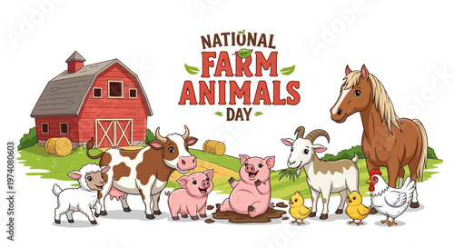 Illustrated vector art celebrates National Farm Animals Day with a cartoon set of happy livestock, including a cow, pig, chicken, sheep, goat, and horse, standing beside a red barn