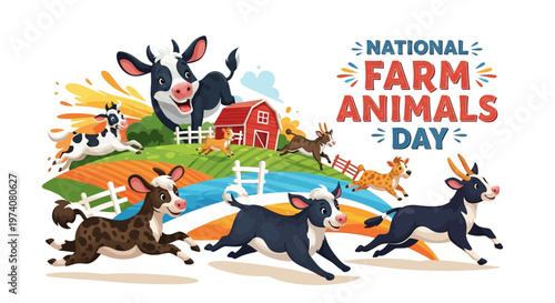 A cheerful vector illustration celebrating National Farm Animals Day features cartoon livestock like cows, sheep, pigs, and chickens joyfully running across a rural landscape with a barn